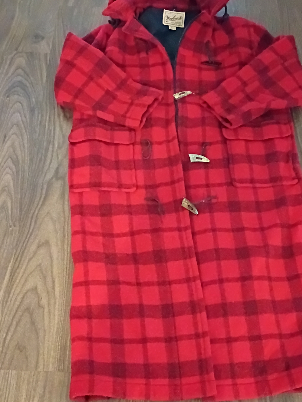 Woolrich Womens Long Red Plaid Hooded Duffle Toggle Coat
